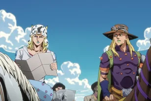 Кадр из аниме Невероятное приключение ДжоДжо: Гонка «Стальной шар»